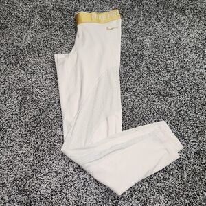 Nike Pro Women’s Warm Metallic‎ Training Leggings in Ivory/Gold Size XL Tinsel